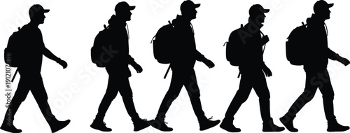 Sequence of 5 walking person silhouettes wearing cap and backpack showing phases of gait cycle and casual motion