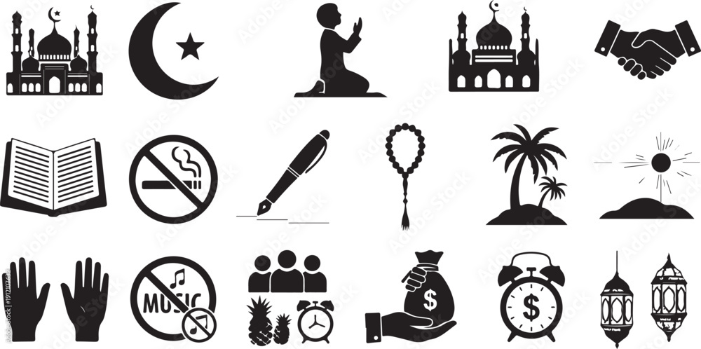Obraz premium Set of islamic icons, cultural elements, mosque, crescent moon, prayer, handshake, book, no smoking, pen, rosary, palm tree