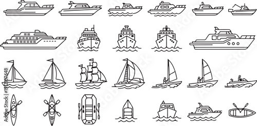 Collection of different boats and ships, variety of marine vehicles including yachts, cruise ships, sailboats, kayaks, rafts