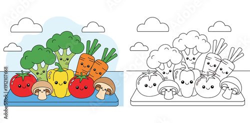 Cute kawaii vegetables coloring book page for kids, vector illustration of healthy food characters including broccoli, carrot, tomato, mushroom and pepper with smiling faces