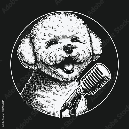 Dogs Serenade: A Bichon Frises Musical Performance in Monochrome.