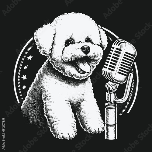 Bichon Frise Dog Sings into Vintage Microphone Illustration.
