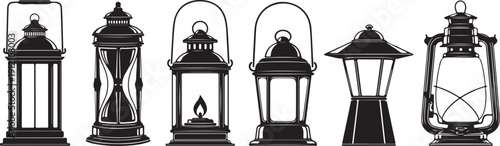 Set of vintage lanterns silhouettes black old fashioned oil lamps collection antique lighting equipment vector icons for night design