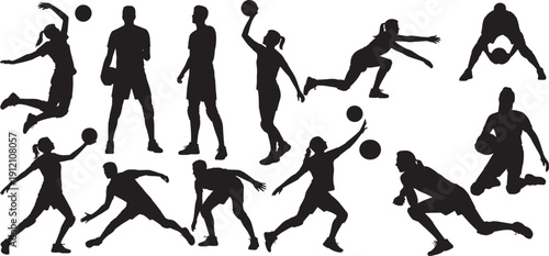 Male and female volleyball players silhouette set,  athletes in actions such as spiking, serving, diving, and blocking. vector illustration