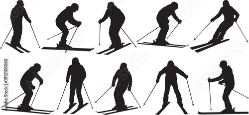 silhouettes skier in various motion poses while speeding down a slope. vector