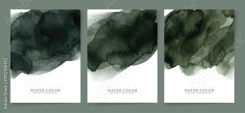 Three watercolor artworks with dark green and grey hues on white backgrounds with illegible text at the bottom of each piece
