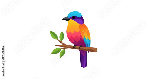 Colorful bird perched on branch with green leaves vibrant plumage blue head yellow and pink body