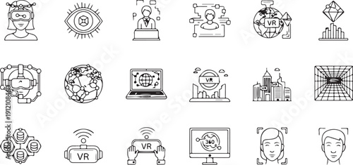 Virtual reality linear icons set. collection of vr, metaverse, cyberspace, augmented reality, and 360 degree vector illustrations