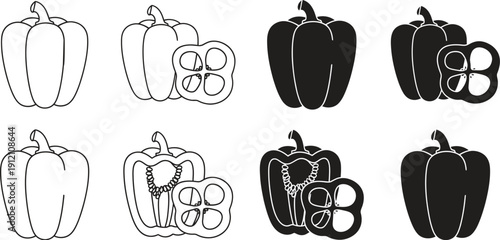 Variety of bell peppers in black and white illustrations
