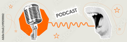 Halftone, pop art, dot podcast communication concept with vintage microphone and speaking mouth in abstract style, vector illustration