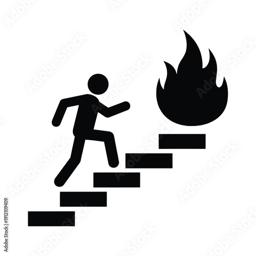 Black silhouette of a person running up stairs towards a flame icon, symbolizing a fire escape or emergency exit route.