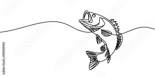 Minimalist continuous line drawing of a bass fish jumping through a single wavy water surface.