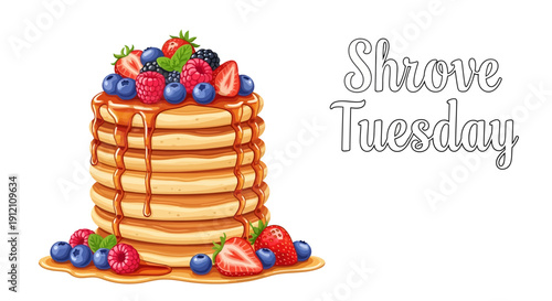 A stack of pancakes with fruits and syrup on Shrove Tuesday, also known as Pancake Day or Mardi Gras.