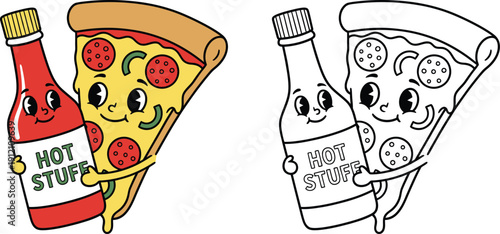 Cute Cartoon Pizza Slice Hugging Hot Stuff Sauce Bottle Food Pairing Illustration