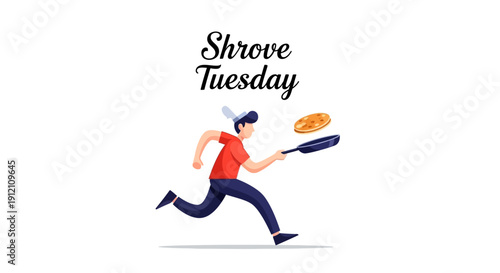 Illustration of a person running while flipping a pancake on Shrove Tuesday, also known as Pancake Day or Mardi Gras.