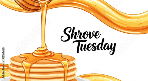 A stack of pancakes with syrup being poured on top, celebrating Shrove Tuesday also known as Pancake Day or Mardi Gras.