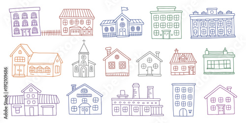 Pencil drawing urban buildings collection, vector elements of city social infrastructure with church, factory, apartment house, hospital, and hotel, children drawn neoteric style 