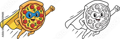 Super Pizza Hero Flying with Cape and Mask Fun Cartoon Character Illustration