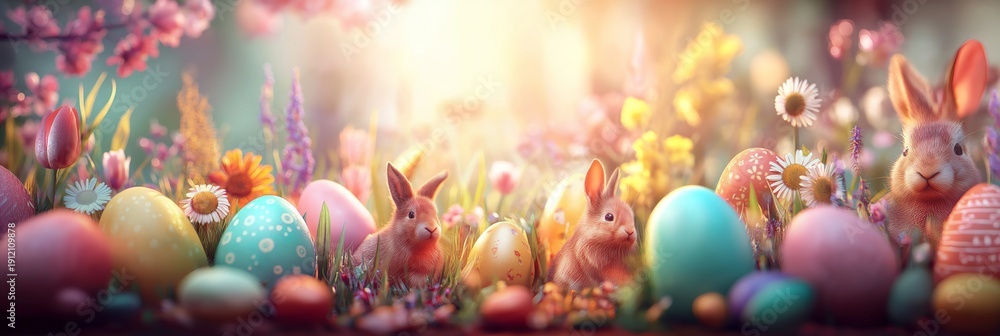 Obraz premium Little bunnies finding colorful Easter eggs in spring garden. Cute bunnies celebrating Easter surrounded by decorated eggs and blooming cherry blossoms