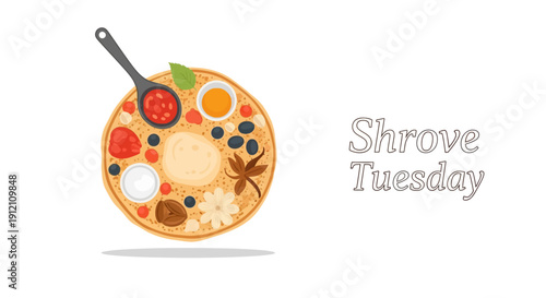 Illustration of a frying pan with ingredients on Shrove Tuesday, also known as Pancake Day or Mardi Gras.