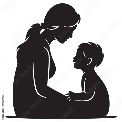 Sitting mother and toddler son silhouette facing each other in profile view showcasing peaceful parenting moment and deep connection with each other