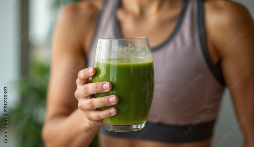 Fototapeta premium A woman wearing sportwear holding green smoothie in glass