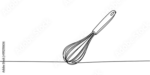 Minimalist continuous line drawing of a kitchen whisk tool isolated on a white background.