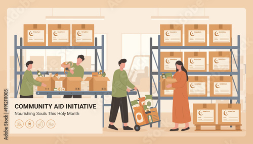 Volunteers organizing community aid packages in a warehouse, viewed from the side, with shelves and boxes in the background