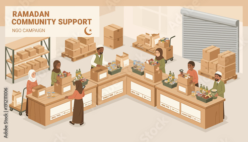 Community volunteers sorting donations at a Ramadan food bank, viewed from above, illustrating community support and charity work