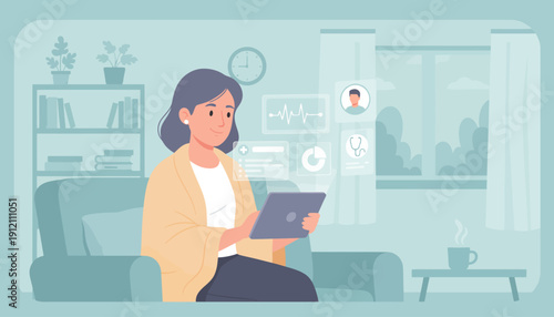 Woman using digital tablet on couch in living room during Ramadan community support event