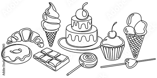 Black and white line drawing of various desserts including cake, donut, ice cream, and chocolate.