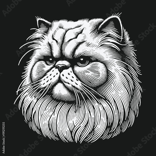 Detailed Engraving of a Persian Cat with Intense Gaze.