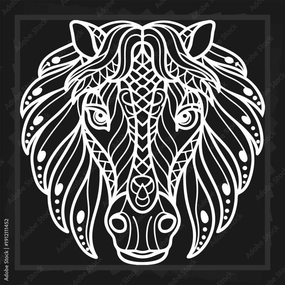 Fototapeta premium Elegant Horse Head Drawing, Intricate White Line Art, Decorative Animal Design For Crafts