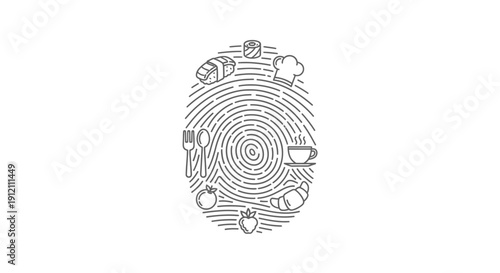 Culinary fingerprint illustration with food icons representing cuisine and gastronomy