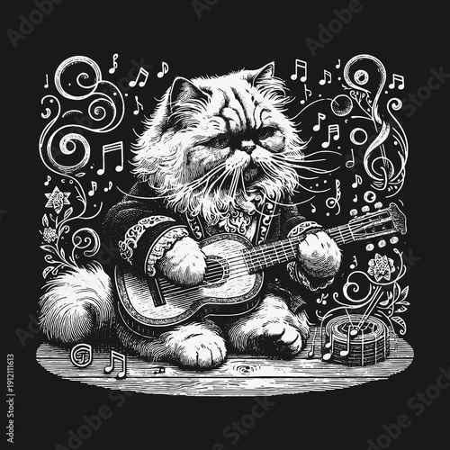 Whimsical Cat Musician: A Serenade in Black and White.