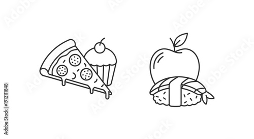 Line art food illustration pizza cupcake apple sushi healthy eating concept