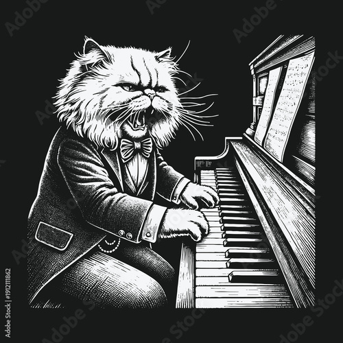 A whimsical cat pianist performing a classical piece with passion.