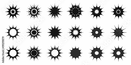 Collection of abstract black starburst shapes in varying densities