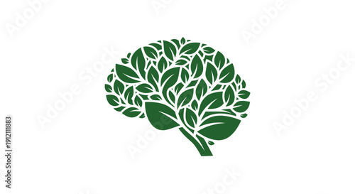 Brain made of green leaves on white background representing nature