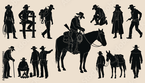 Black and White Old West Cowboy Characters Poses and Activities Bundle