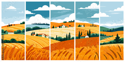 A series of vertically oriented landscape panels depicting rolling hills