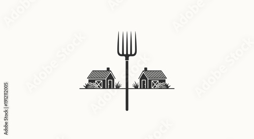 Farm logo design featuring a pitchfork and two small houses graphic illustration