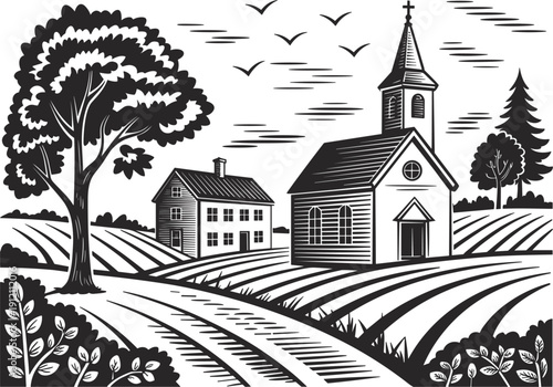 Vintage hand drawn village landscape with church building, farm houses and rural fields nature illustration