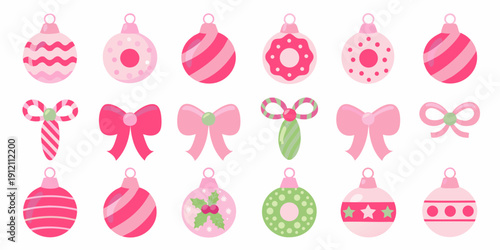 A collection of pink christmas ornaments and bows on a white background