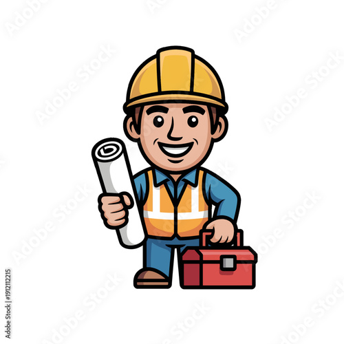 Cute Cartoon Construction Worker Character, Full Body, Holding Blueprint and Toolbox, Flat Vector Illustration, Isolated on White Background