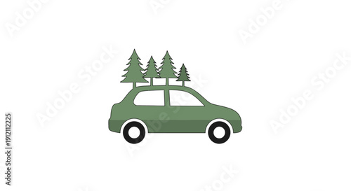 Green car with trees on top symbol representing travel and nature outdoors