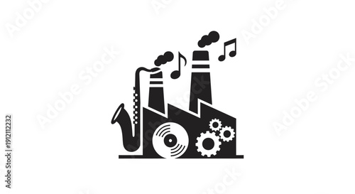 Abstract factory illustration with musical instrument symbols on white background