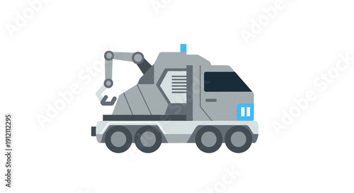 Isometric illustration of a futuristic robotic vehicle with hydraulic arm