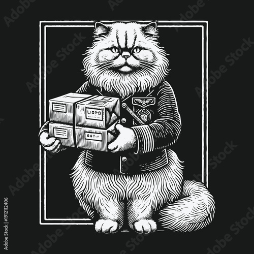 Whimsical Cat Courier: A Feline in Uniform Delivering Packages.