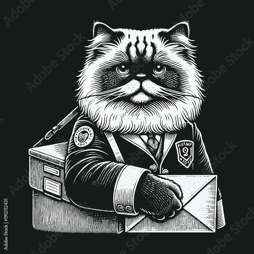 A regal cat postman delivering mail with focused determination.